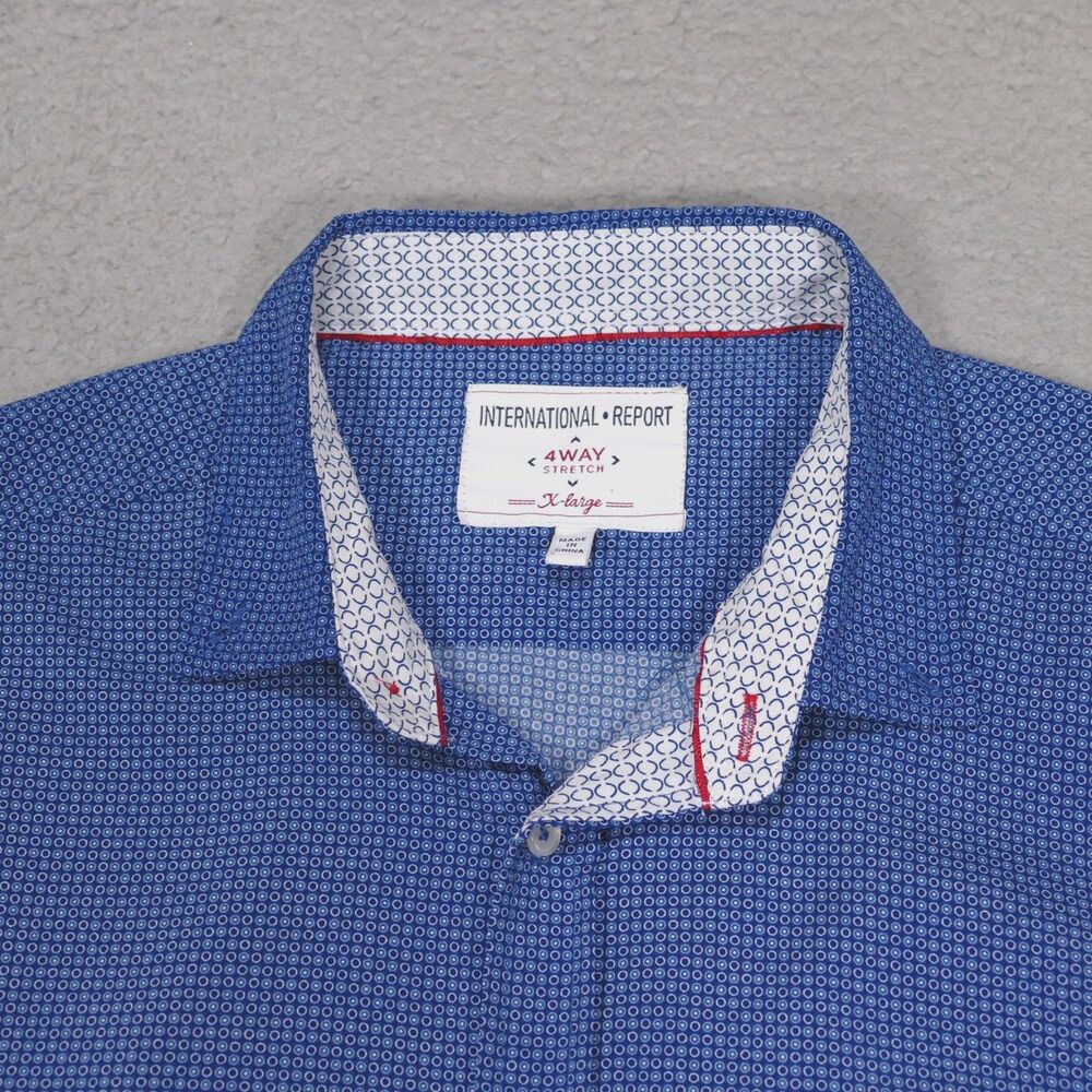 International Report 4 Way Stretch Shirt Mens XL Blue Geometric Short Sleeve